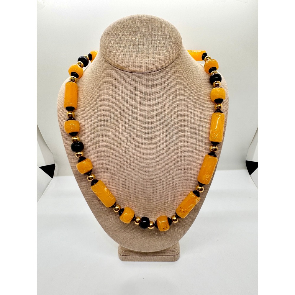 Vintage Givenchy‎ Statement Necklace Butterscotch Resin Black Gold G Link 29in